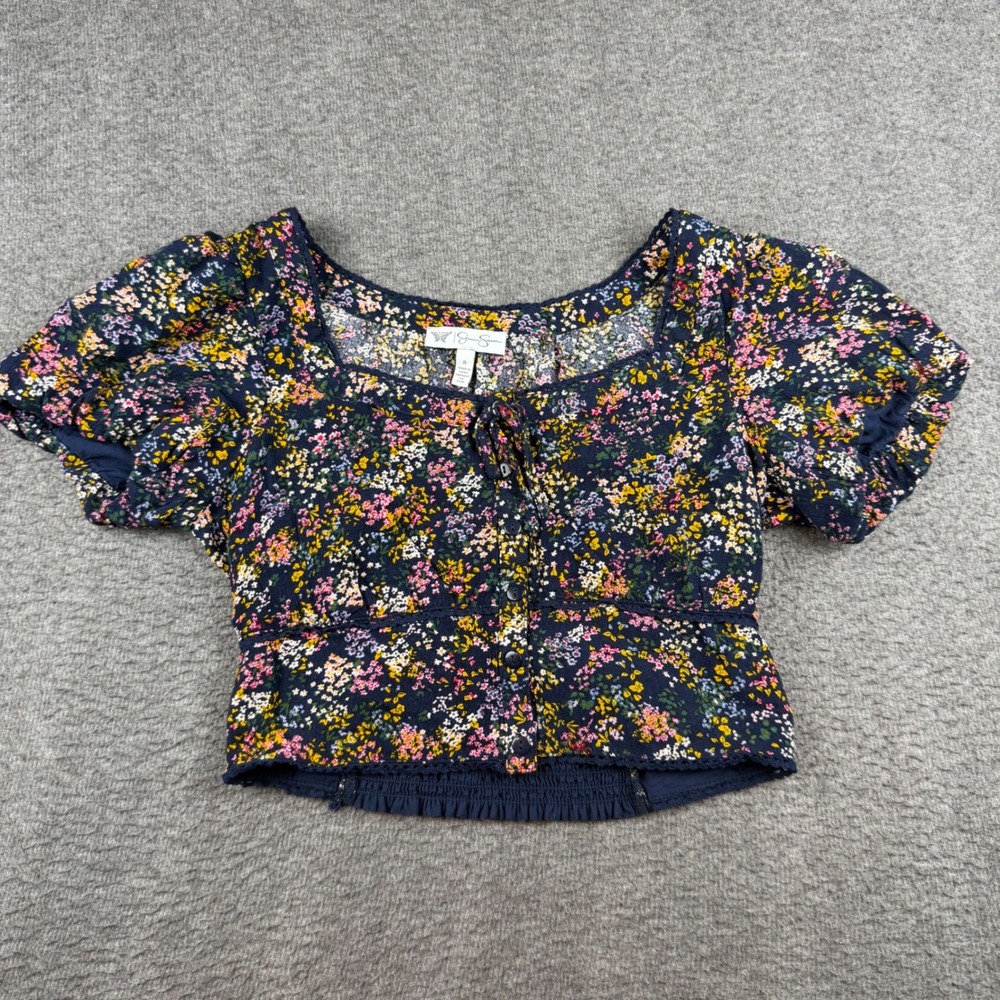 Jessica Simpson Floral Crop Top Women's Size S Navy Blue Puff Sleeve Boho Blouse